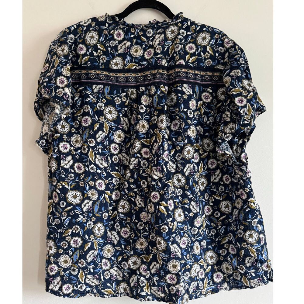 Lane Bryant Top Size 22 Floral Boho Peasant Blouse Navy Blue Cotton Short Sleeve - Picture 2 of 6